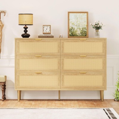 Rattan 6-Drawer Dresser - 42.5" Boho Chest w/ Gold Legs & Anti-Tip, Natural Finish for Bedroom & Living Room