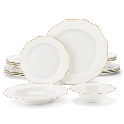 vancasso 16 Piece Cream-White Bone China Dinnerware Set with Gold Rim
