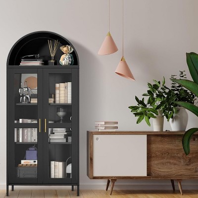 73" Arched Storage Cabinet, Modern Farmhouse Style with Metal Frame, Glass Doors