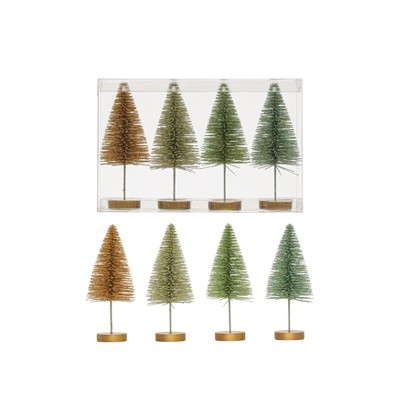 Storied Home Plastic Bottle Brush Trees with Wood Bases, Metallic Colors, Boxed Set of 4