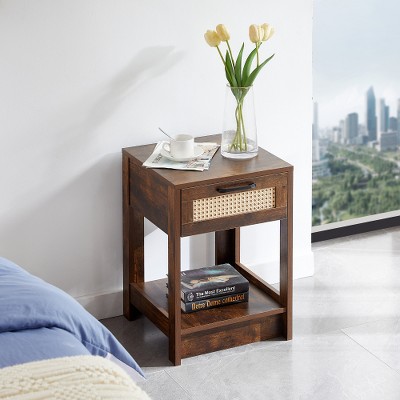Lyngins Rattan Woven Square Side Table, Small Table with Drawer, End Table for Living Room, Modern Bedroom Nightstand, Small Side Table
