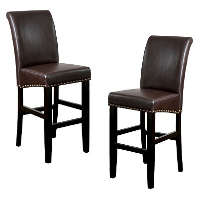 Set of 2 Christopher Knight Home Lissette Leather Barstool - Brown: Upholstered, Wood Legs, 30" Height