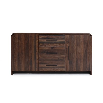 LuxenHome Mid-Century Modern 59" Sideboard Buffet Cabinet with Rounded Corners, Walnut Finish Wood Storage Cabinet with 2 Doors & 3 Drawers