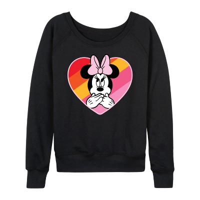 Women's - Disney - Minnie Mouse Rainbow Heart Lightweight French Terry Wide Neck Long Sleeve Graphic Shirt