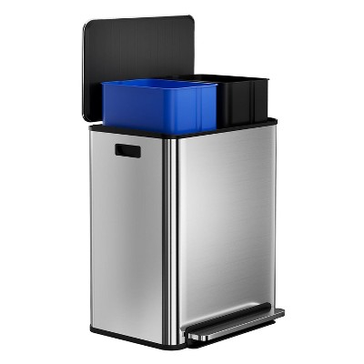 60L/16Gal Dual Compartment Trash Can - 2x8Gal Stainless Steel Step Pedal Garbage Bin with Removable Baskets