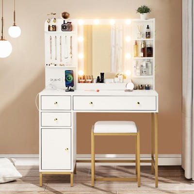 Vanity Desk with Mirror & Stool, Makeup Vanity Table Set with Drawers, Shelves & Charging Station, 3-Mode Lighted Dressing Table for Bedroom