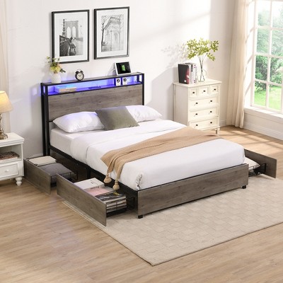 Full Size Bed Frame with Storage Headboard and Charging Station