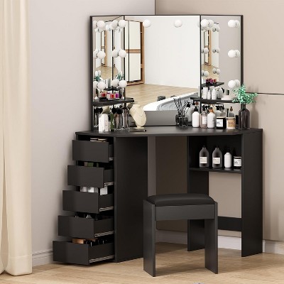 COZONY Vanity Desk with Mirror and Lights, Corner Vanity Set with 3 Lighting Options, 5 Drawers, Shelves & Cushioned Stool, Black
