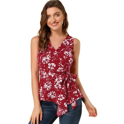 Allegra K Women's Sleeveless V Neck Tie Waist Asymmetric Hem Wrap Peplump Tops