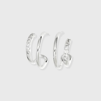 Sterling Silver Cubic Zirconia Faux Duo Stud Hoop Earrings - A New Day™ Silver: Nickel-Free, Post Closure