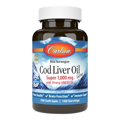 Carlson - Cod Liver Oil Gems, Super 1000 mg, 250 mg Omega-3s + A & D3, Norwegian, Wild Caught