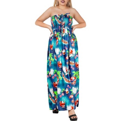 LA LEELA Women's A line Slit Smocked Maxi Casual Beach Dress Tube Top Evening Long Strapless Christmas Outfits for Women