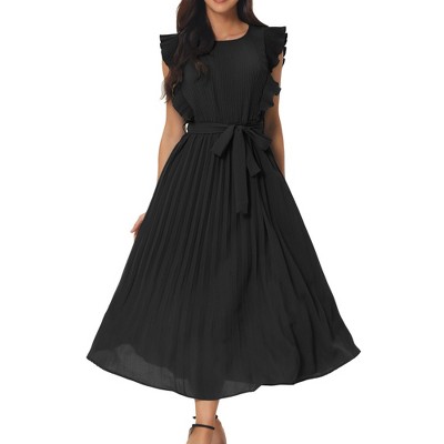 Seta T Women's Casual Ruffle Sleeveless Crewneck Pleated Flowy Belted Midi Sundresses