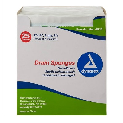 Dynarex Non-Woven Drain Sponge Gauze Sterile 4" x 4" 6-Ply, 25 Count
