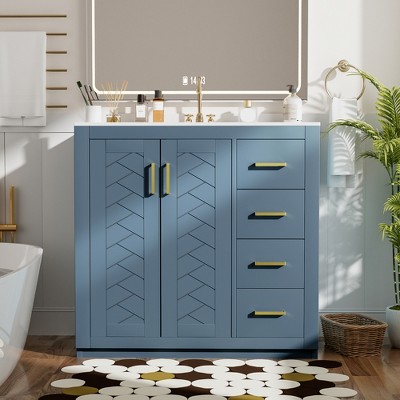 30 Inch Bathroom Vanity with Ceramic Sink, Traditional Bathroom Storage Cabinet with 3 Drawers and 2 Chevron Front Doors