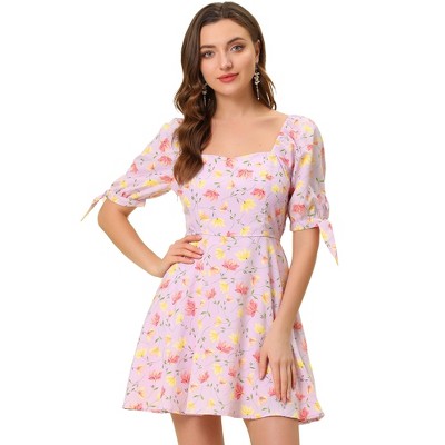 Allegra K Women's Floral Printed Sweetheart Neck Puff Sleeve A-Line Mini Dress