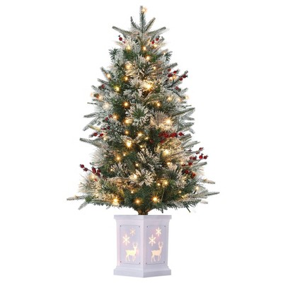 Homhougo 4ft Pre-Flocked Christmas Tree with Red Berries & Hinged Branches, Compact Holiday Tree for Living Room or Entryway