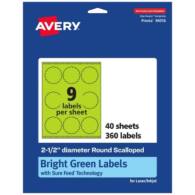 Avery Bright Green Paper Labels, 2.5" Diameter Round Scalloped