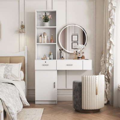 FONTOI Vanity Table with Round Mirror, Dressing Table with Multi-layer Storage for Bedroom, White, 13.19"*66.93"*39.76"