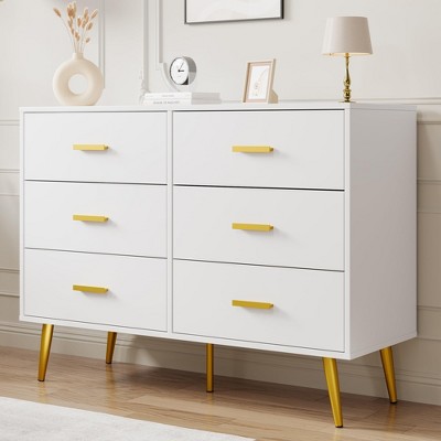 Coucheta Modern 6-Drawer Dresser with Gold Handles  Wide Drawer Wood Chest for Bedroom, Living Room, Hallway
