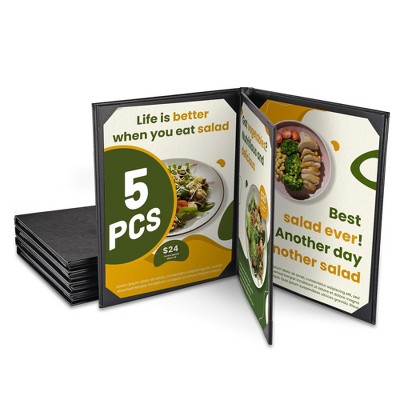 WeChef 5 Pack Menu Covers 8.5 x 11" 4 Views Faux Leather Cafe Restaurant Bars Black