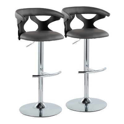 LumiSource Set of 2 Gardenia Adjustable Barstools Black Wood/Chrome Metal/Gray PU