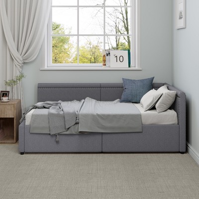 Modern Twin Size L-Shaped Daybed, Linen Upholstered Corner Bed with Two Storage Drawers, Left or Right Corner Option, Beige/Gray - ModernLuxe