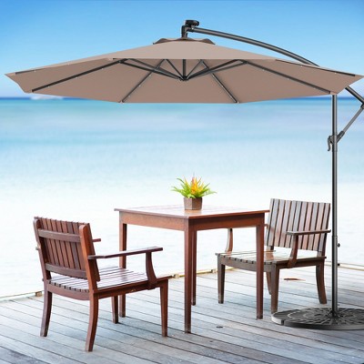 Costway 10' Hanging Solar LED Umbrella Patio Garden Sun Shade Offset Market W/Base Tan