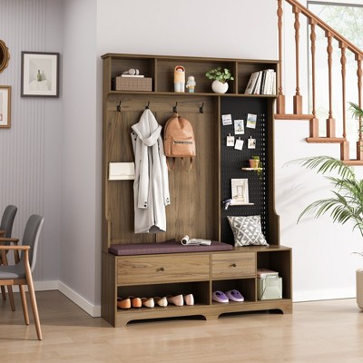 MOEPISY Multi-purpose Hallway Hall Tree with Removable Linen Cushioned Entryway Bench, Brown