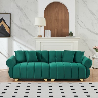 ModernLuxe Velvet Upholstered Sofa Couch with 4 Pillows, Spring-Wrapped Cushions, Pink/Black/Green
