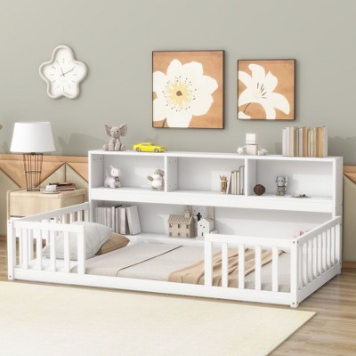 CAVINAS Twin Size Versatile Kids Floor Bed,Toddler Bed Frames with Bookcase,Shelves,Guardrails,Floor Beds for Girls&Boys,No Box Spring Needed