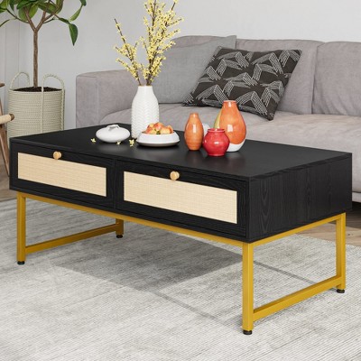 GustoWave 45.6" Coffee Table, Mid Century Modern Center Table with 2 Rattan Drawers & Metal Frame for Living Room
