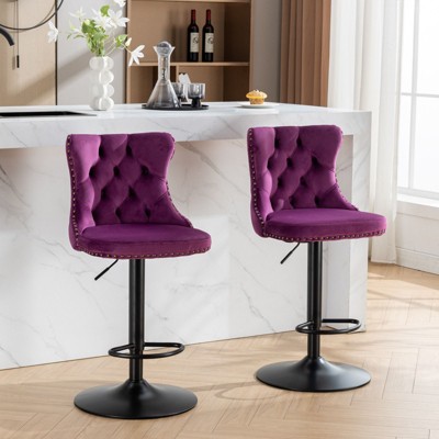 PAGED Bar Stools Set of 2 Height Adjustable Swivel Velvet Counter Stools with Button Tufted Back and Black Base for Bar, Kitchen