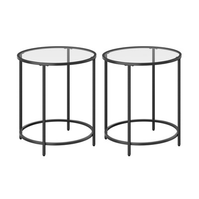 VASAGLE Round Side Tables, Set of 2, Glass End Tables with Metal Frame, Black Coffee Tables with Modern Style