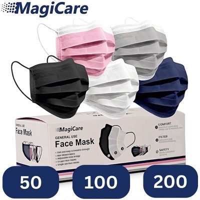 MagiCare - Multicolor Protective Face Masks for Adults - Breathable 3-Layer Disposable Masks - 50ct Box