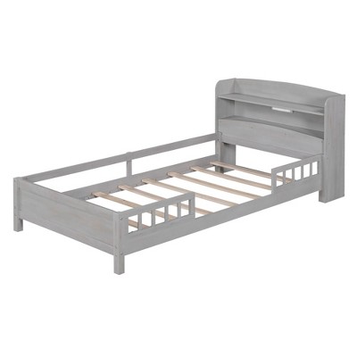 YOOCOZZ Twin Size Wood Platform Bed with LED Light, Storage Headboard, and Guardrail