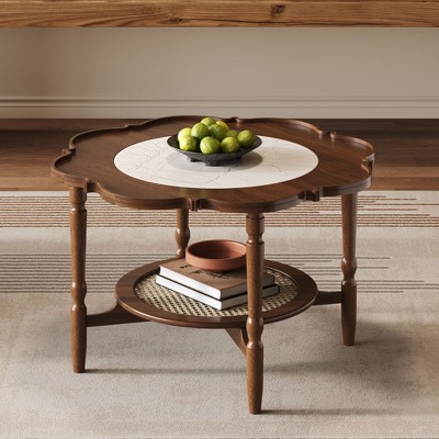Kumasinova 31.5" Round Solid Wood Coffee Table,2-Tier Petal-Shaped Tabletop Tea Table Accent Center Table for Living Room,220lbs Max,Walnut
