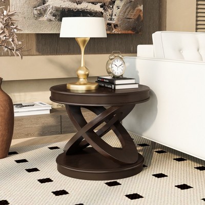 Retro Round End Table Accent Table, Wooden Sofa Side Table with X-Shape Base - ModernLuxe