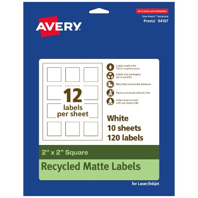 Avery Recycled Matte White Labels,  2" x 2" Square