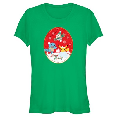 Juniors Womens Pokemon Christmas Happy Holidays Patch T-Shirt