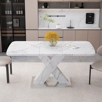 Okak Modern Square Stretchable Dining Table with X-Shape Leg and Metal Base for Dining Room, Living Room, Space-Saving