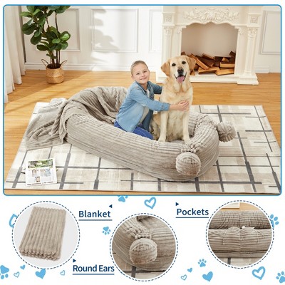 Human Dog Bed, 71''x45''x12'' Large Dog Bed with Blanket & 2 Side Storage Pockets, Portable Handle, Removable Cover, Human Size Dog Bed