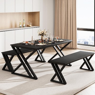 COZONY 3 Piece Dining Table Set with 2 Benches, Space-Saving Kitchen Table Set for 4 with Sturdy Metal Frame, Ideal for Apartment & Dining Room