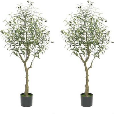 2Pcs Artificial Olive Tree in Pots, Faux Tropical Plant with Natural Wood Trunk for Home Office Living Room Indoor Outdoor