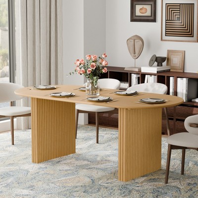 Wooakway 67"L*33.5"D Oval Natural Wood Oak Dining Table with Double Pedestal Kitchen Table with Solid Wood Base Seats 6 for Living Room Dining Room
