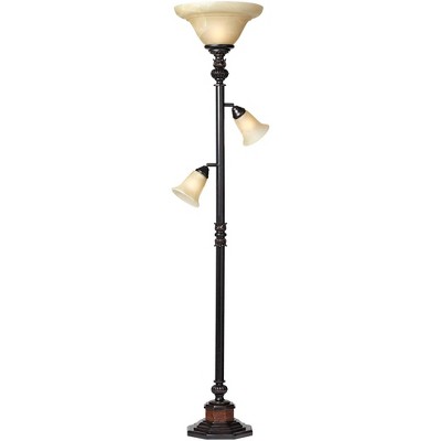 Kathy Ireland Sonnett Vintage Rustic Torchiere Floor Lamp with Side Lights 72" Tall Bronze Champagne Alabaster Glass Shade for Living Room Reading