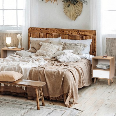 INFURNIC Nightstands Set Of 2 Elegant Low Foot Bedside Table With Drawer, Open Compartment, And Pine Wood Legs, original wood color, 21.4"*15.8"*11.9"