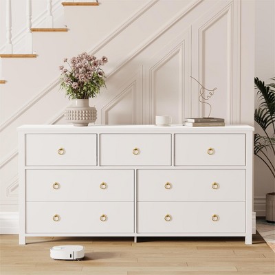 3 Drawer Dresser for Bedroom, Wooden Chest of Drawers with Gold Handles, Media Console Table TV Stand, Freestanding Closet Dresser for Living Room