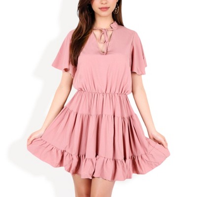 Anna-Kaci Women's Flutter Sleeve Tiered Dress with Tie Neck and Ruffle Hem for Everyday Looks