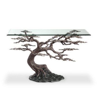 SPI Home Cypress Tree End Table – 30" Tall Bronze Metal Tree Base with 48" Glass Top, Nature-Inspired Entryway or Hall Table